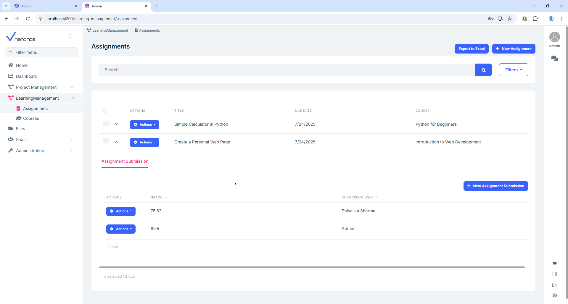 Assignments overview vineforce image