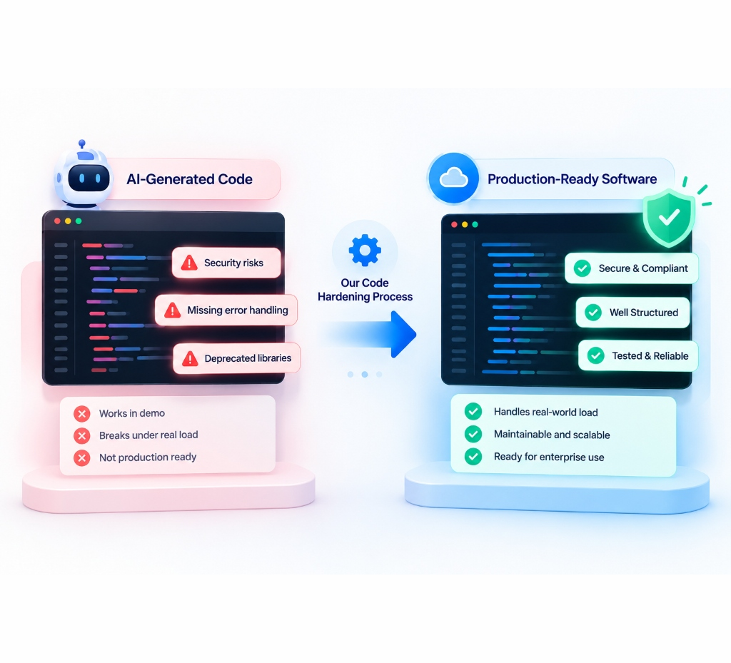 Engineers reviewing and hardening an AI-built SaaS application for production launch