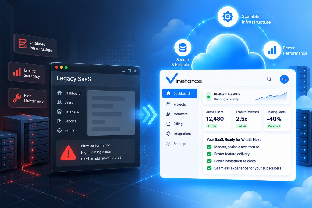 Engineers refactoring legacy software codebase for multi-tenant cloud migration